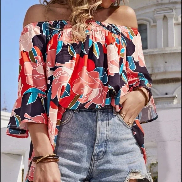 Boho Floral Print Off Shoulder Smocked Shirred Top Blouse - Picture 6 of 8